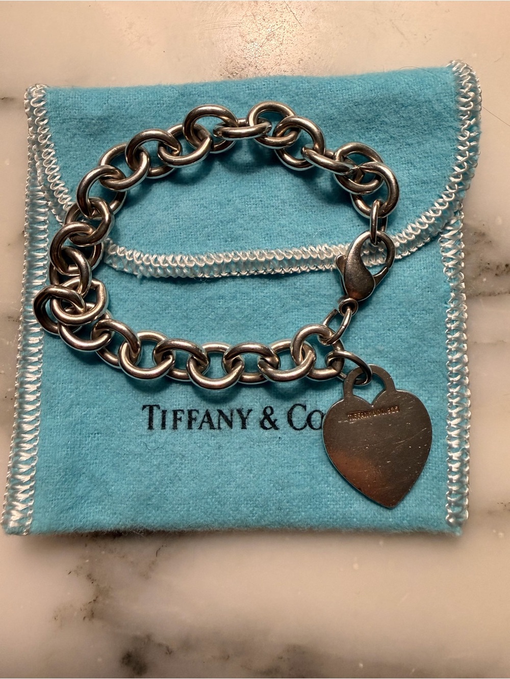 Tiffany & Co. Silver Heart Tag Link Bracelet 7.5 inches with pouch